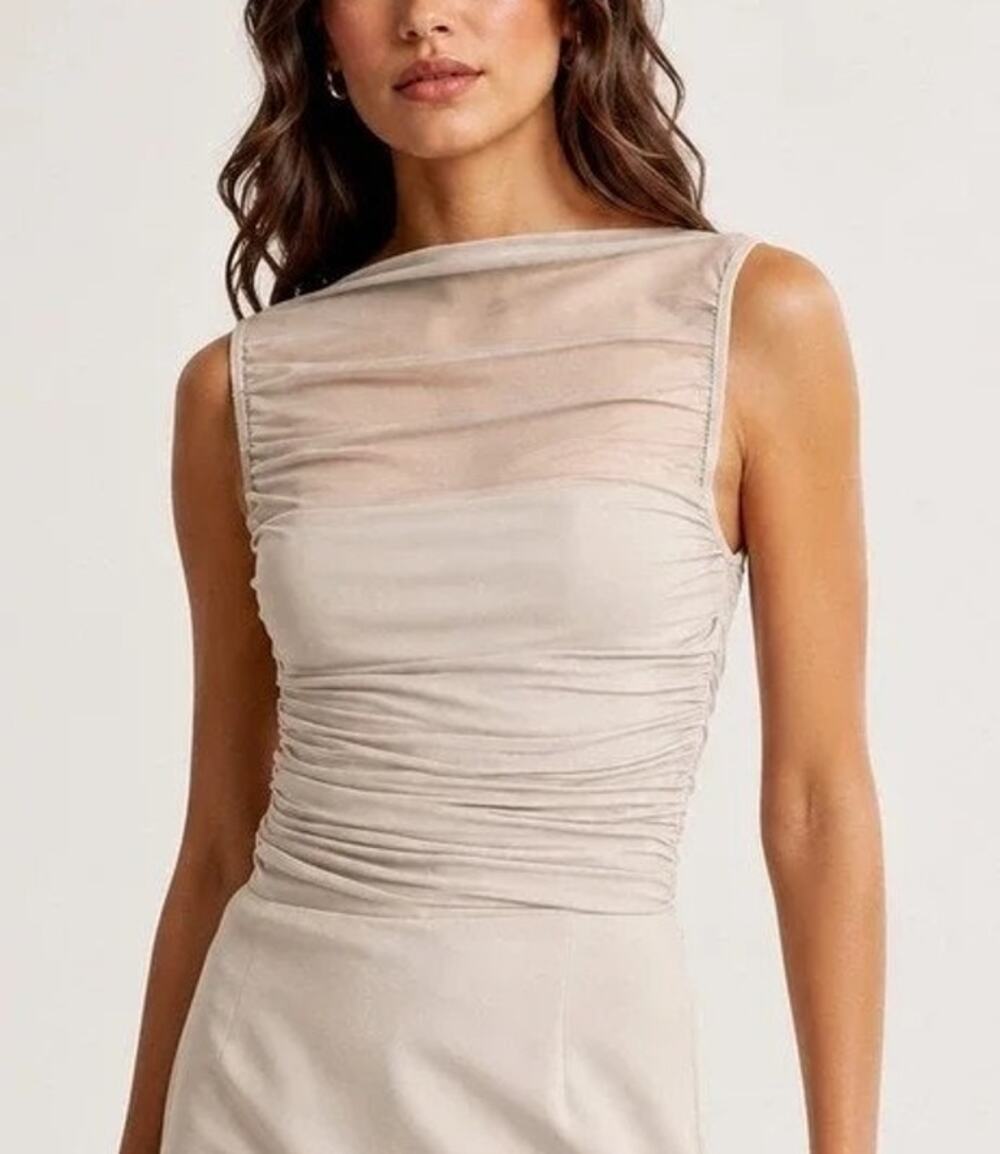 Abercrombie & Fitch Sheer Mesh Draped Tank Top Size S Beige Ruched Going Out